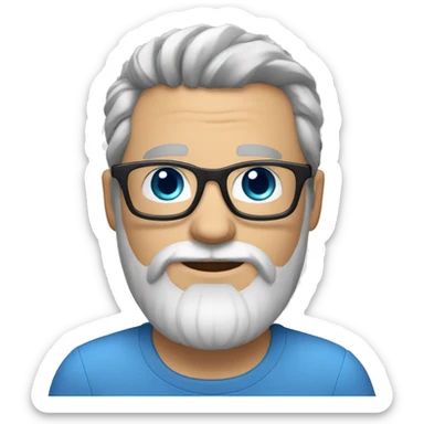 White man black and grey hair combed right blue eyes blue glasses full beard short stubble sticker