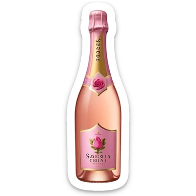 bottle of sparkling rosé with a rose logo on the label, tilted up and to the left, no glass sticker