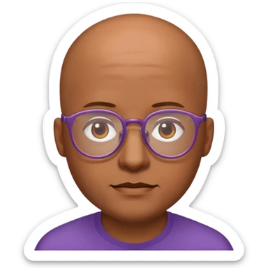 expressive Twitch emote of a cartoon-style character in an emoji-like art style. Bright colors, outlined, transparent background. Use the following face: male person in their early 30s, brown skin, bald, with glasses and a gentle face. sticker