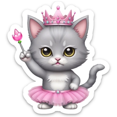 angry cute grey kitten in a pink tutu and tiara holding up their middle fing sticker