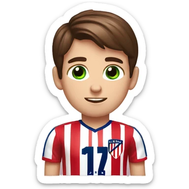 A boy with brown hair, green and blue eyes, and a atlético de Madrid Shirt sticker
