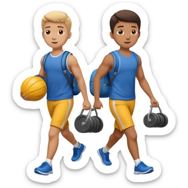 two boys walking, wearing gym clothes and carrying gym equipment, full body sticker