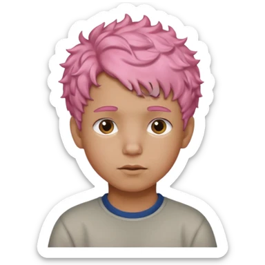 boy with short, curly pink hair, light brown skin, and a neutral facial expression. sticker