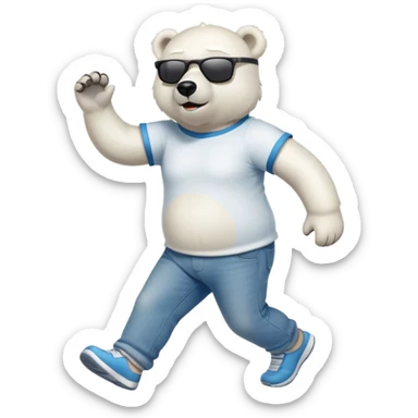 friendly anthropomorphised polar bear in jeans and a t-shirt, wearing dark sunglasses, jogging upright, standard pose sticker