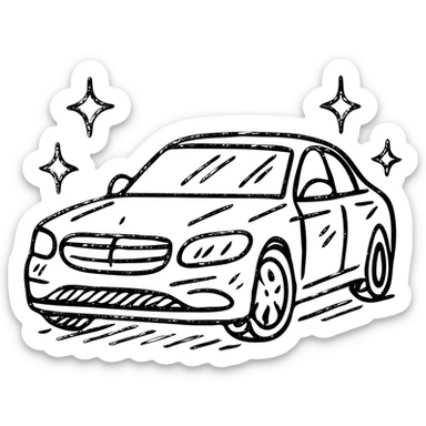 hand-drawn outlined icon of a luxury car, glossy black with multiple small stars and strong reflections, impeccable perfectly clean finish, clean and modern sticker