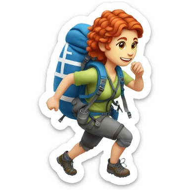 Female mountain climber red hair climbing with Greek flag on backpack and holding Easter eggs basket sticker
