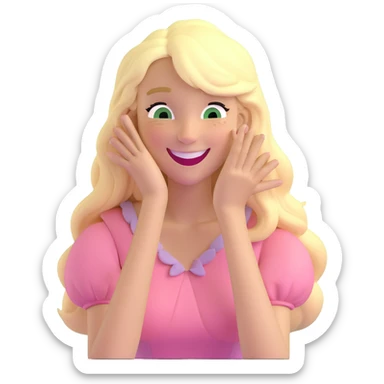a 3d IOS realistic style emoji of a blonde with long hair and swamp eyes in a pink pastel dress laughing sticker
