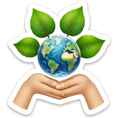 An icon featuring a green leaf, Earth held in hands, and a recycling symbol, symbolizing ecology. The design includes trees, clean water, and animals, representing environmental protection, sustainability, and ecosystems. Transparent background highlights the science of nature and conservation. sticker