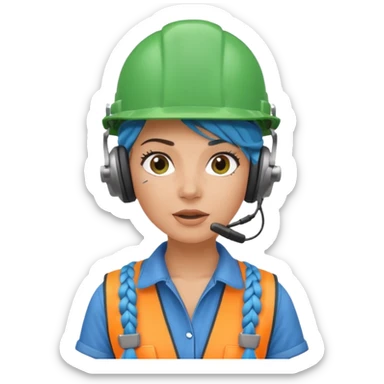 surprised construction worker blue braided haired woman wearing green helmet and headphones sticker