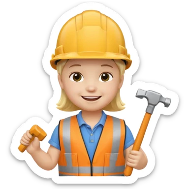 toddler wearing oversized construction helmet and safety vest holding tiny hammer, 3D emoji style sticker
