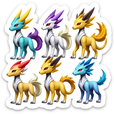 Colorful Futuristic Meloetta-Solgaleo-Raikou-Wargreymon-Sergal-Pokémon-Digimon-Fakémon-fusion-hybrid-creature sticker