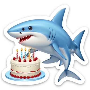 blue shark with puckered lips directly kissing a birthday cake, clear kissing action sticker