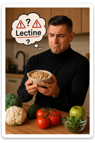 un uomo in cucina tiene in mano una ciotola di legumi (come fagioli o ceci) e li osserva con un’espressione dubbiosa e leggermente preoccupata. Sopra la ciotola, una nuvoletta di pensiero mostra la parola “Lectine” evidenziata in rosso, insieme a simboli di allarme o punti interrogativi. Sullo sfondo, altri alimenti salutari sono visibili sul tavolo, sottolineando il suo scetticismo verso i legumi. sticker