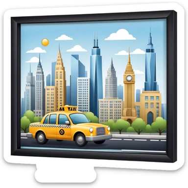 Icon for Urban Tourism: a skyline with iconic city landmarks, like skyscrapers, a subway, and a taxi, with travel accessories like a camera and map. The icon should represent the excitement of exploring urban environments. Transparent background. sticker