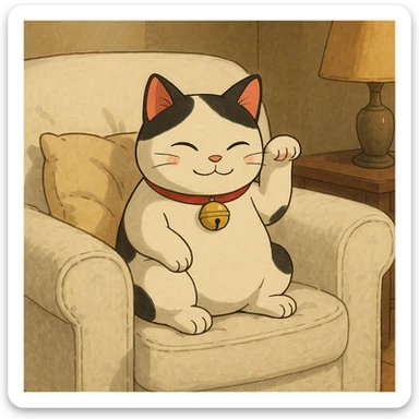 White and black Chinese lucky cat on a cozy white armchair  sticker