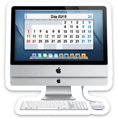 front view of an iMac with a day-calendar on the screen, showing hours and client slots with some booked sticker