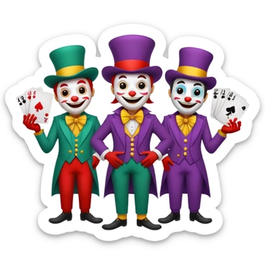 3 poker cards, with crazy colorful human jolly jokers inside, face and body only sticker
