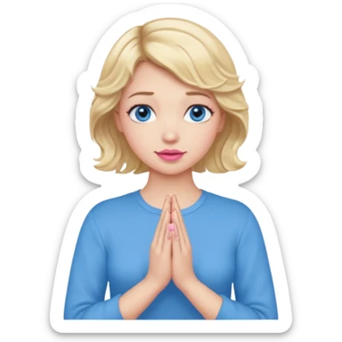 Girl Blonde short wavy hair,  blue eyes, cute blue top, long lashes, pink lips, praying hands sticker