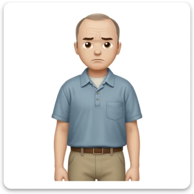 Carl from Sling Blade, serious expression, recognizable features, neutral background, full body, chin sticking out, slouching posture, no glasses, shirt with collar,  side view, the 4th image is good. show his entire body, he is standing. we see him from the side sticker