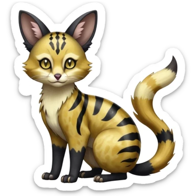 Hyper realistic  obsidian fur etched with molten gold fault-lines and dark mirror shine beautiful elegant pretty precious cute  Fakémon-Pokémon-opossum-feline-serval-caracal-chinchilla-Furret-Minccino-hybrid-creature with a big fluffy bushy tail (full body) sticker