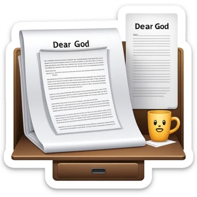 Desk with computer showing document that starts with "Dear God" sticker