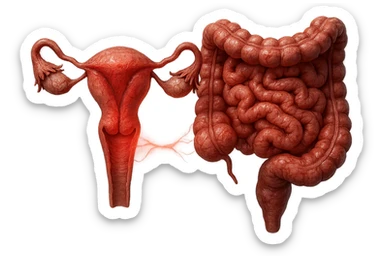 utero umano anatomico iperrealistico e intestino umano anatomico iperrealistico hanno in comune il dolore e l'infiammazione, rendi bene il collegamento tra i due organi doloranti, falla iperrealistica, non disegnata sticker