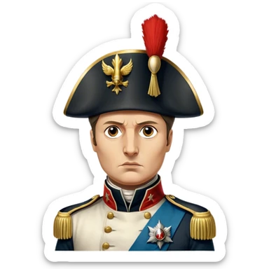 Cinematic Realistic Napoleon Bonaparte Portrait Emoji, depicted as a commanding military leader with a determined gaze and iconic bicorne hat, rendered with dramatic textures and bold historical lighting that captures his imperial legacy. sticker