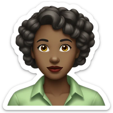 Black girl with dark brown bright eyes and red tinted lips , wavy long black hair parted with a widow's peak, wearing a pastel green shirt sticker