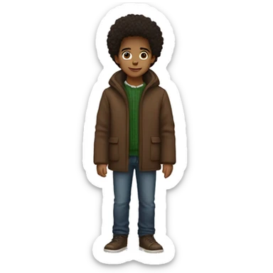 winter, christmas, hispanic, afro hair,  boy, short hair, brown eyes, child, full body, brown coat sticker