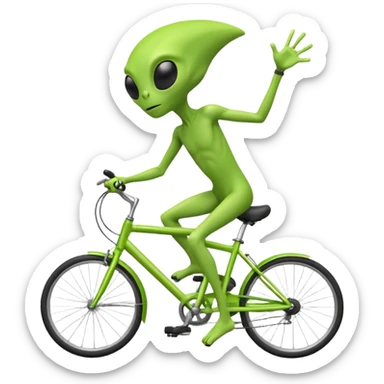 green alien riding a bicycle, big black eyes, thin body, casual cycling pose, playful sci-fi vibe, 3D cartoon, mobile game icon style, clean background, no text, no watermark
 sticker