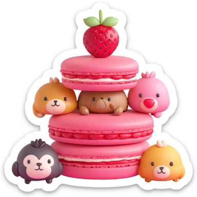 A 3D iOS style emoji of a pink macaron with a strawberry on top and three cute animals peeking out from between the layers. The macaron should have a glossy finish and soft shadows, with a light yellow background and small yellow stars scattered around. sticker
