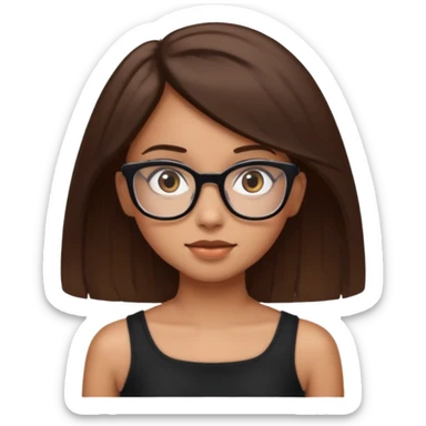 Imagine a girl with slightly light brown skin with big brown eyes and glasses. She has straight brown hair and is wearing a black tube top sticker