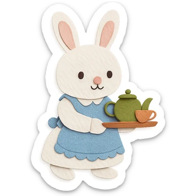 highly detailed, high quality paper craft style illustration of a white bunny in an apron holding a tea tray, intricate textures, soft lighting, delicate cut-paper details sticker