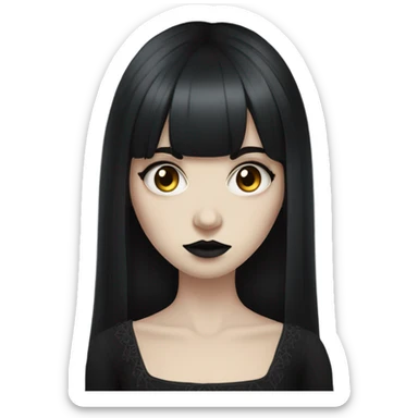portrait one single goth women with pure white skin, dark hair, long hair, short bangs, dark makeup, gothic detailed dress bell arms  sticker