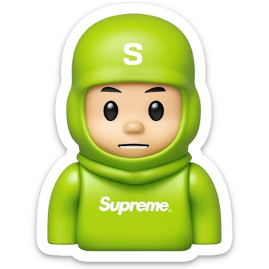 bearbrick toy wearing a lime green balaclava with Supreme logo and thick aggressive eyebrows showing above sticker