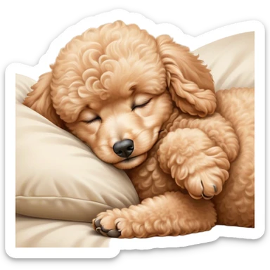 Meme-Worthy Cute Sleeping Apricot Poodle Portrait Emoji, Head resting peacefully with a contented smile, showcasing a delightfully elegant build and a luxuriously soft, curly apricot Fur, eyes shut in a serene nap, Simplified yet hilariously adorable features, highly detailed, glowing with a soft, drowsy light, high shine, relaxed and utterly lovable, stylized with an air of playful laziness, bright and heartwarming, soft glowing outline, capturing the essence of a comically sleepy companion, so meme-worthy it feels like it could instantly become the next viral sensation of adorable slumber! sticker