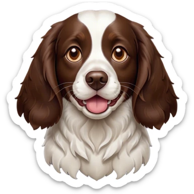 Cinematic Comical Springer Spaniel Portrait Emoji, Head tilted dramatically with an exaggeratedly amused expression, featuring a striking liver and white Fur with dynamic patterns, wide, expressive brown eyes filled with playful disbelief, Simplified yet hilariously expressive features, highly detailed, glowing with a slightly sassy glow, high shine, dramatic yet playful, stylized with an air of cheeky mischief, bright and endearing, soft glowing outline, capturing the essence of a spirited and over-the-top companion, so meme-worthy it feels like it could side-eye its way into internet fame instantly! sticker