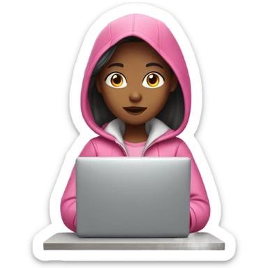 girl in pink jacket looking at computer sticker