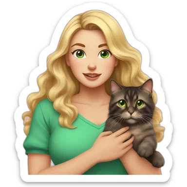 woman with green eyes and long wavy blonde hair and big boobs in a pink shirt is holding a very fluffy and fat black and tortoiseshell cat sticker