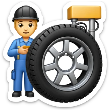 please draw me a emoji of tire - inside the manufacturing factory - getting inspected by machine sticker