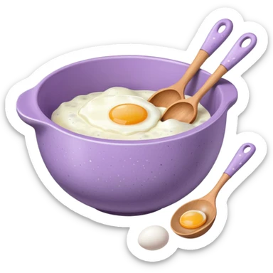 a lilac ceramic mixing bowl with a wooden spoon stirring and sitting next to it is a few eggs sticker