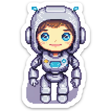 shoulders-up portrait of a cute female recruiter robot in 8-bit pixel art style, big eyes, smiling, one hand raised as if talking, soft pastel colors, less cybernetic sticker