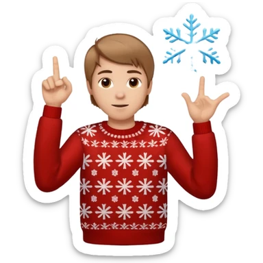 A guy pointing up with one hand and he has a christmas sweater with snowflakes in it. He has brown light hair. sticker