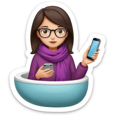 Fille châtain foncé avec lunettes. Elle porte une grosse écharpe. Elle est dans une cuvette de toilette. Téléphone en main sticker