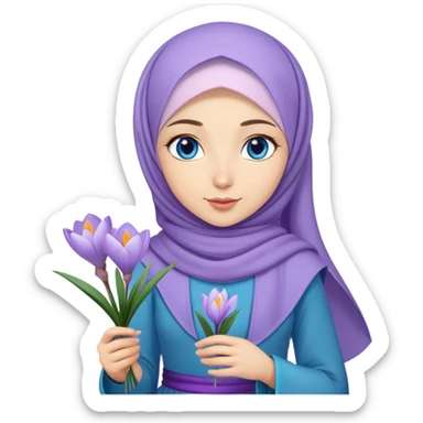 Turkish beautiful finish Konya girl blue eyes with crocus flower hijab long tail dress and hold crocus flower on hand  sticker