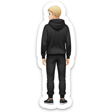 fullbody Mysterious shy caucasian man in black hoodie, hands in pockets and black pants rear backview sticker