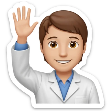 Hombre con bata blanca piel clara y cabello café saludando sticker