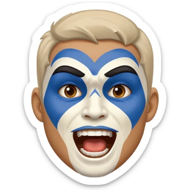 A man with half-blue, half-white face paint, shouting proudly. sticker