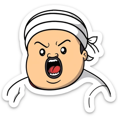 Super extreme tight close-up of just the face of morbidly obese white skin guy with young face, prominent BLACK DURAG tied clearly on head, black beard but no mustache, clean shaven upper lip, black eyes, mouth wide open screaming angrily sticker