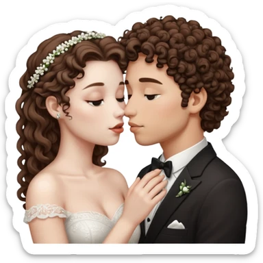 A couple kissing, the man would be white-skinned, mid fade-curly, brown-hair. The serious woman with white skin, brown color sticker